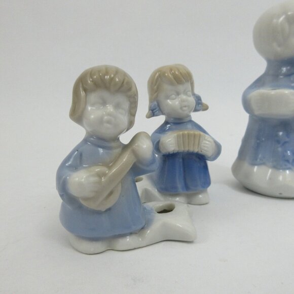 5 Blue Porcelain Figurine Angels Playing Musical Instruments Mini Candle Holders - Picture 2 of 9